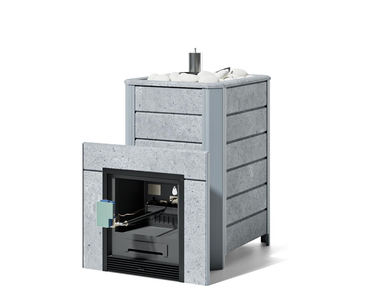 Печь Ялта 35/2024 в облицовке из камня - Вид топлива - ГГУ-50, Варианты кожуха - Талькохлорит, Марка стали - AISI 321