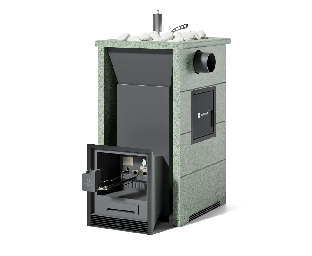 Печь Анапа М2 в трехстороннем кожухе с открытым верхом с боковым подключением - Исполнение дверки - Слева, Боковое подключение дымохода - Спереди, Марка стали - AISI 321, Вариант кожуха - Жадеит (Цена по запросу), Вид топлива - Газ, дрова Комплектация с ГГУ-40 пьезо