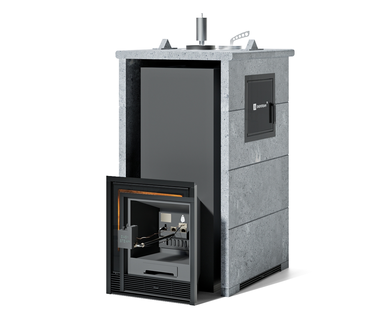 Печь Геленджик М2 в трехстороннем кожухе с закрытым верхом с боковым подключением - Вид топлива - Газ, дрова Комплектация с ГГУ-60 пьезо, Марка стали - AISI 430, Защита топки - Футеровка, Боковое подключение дымохода - Спереди, Варианты кожуха - Талькохлорит, Исполнение дверки - Справа