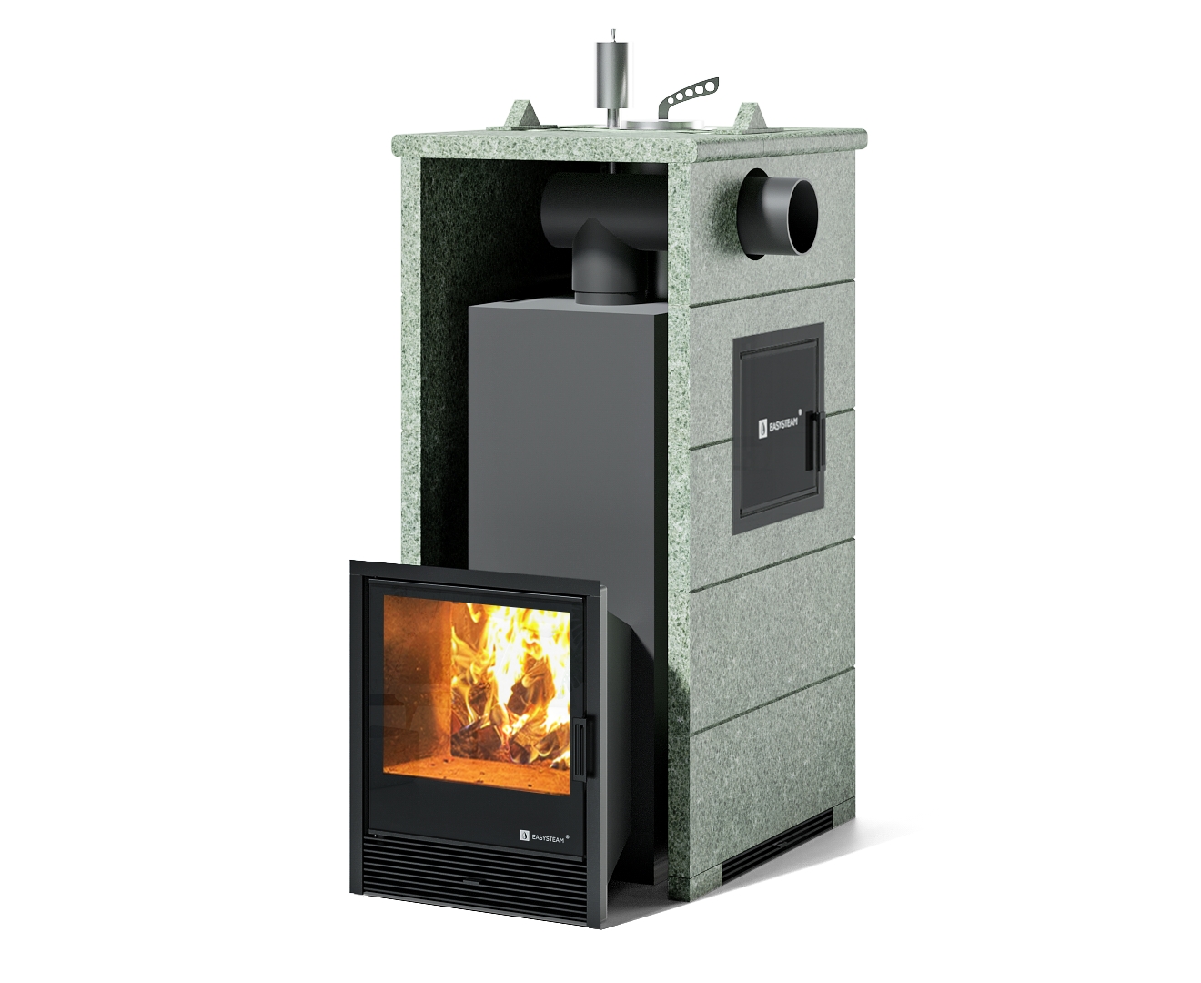 Печь Сочи М2 в трехстороннем кожухе с закрытым верхом с боковым подключением - Вид топлива - Подготовка под ГГУ, Варианты дверки - Справа, Варианты кожуха - Жадеит (Цена по запросу), Боковое подключение дымохода - Спереди, Защита топки - Защ. экраны, Марка стали - AISI 430