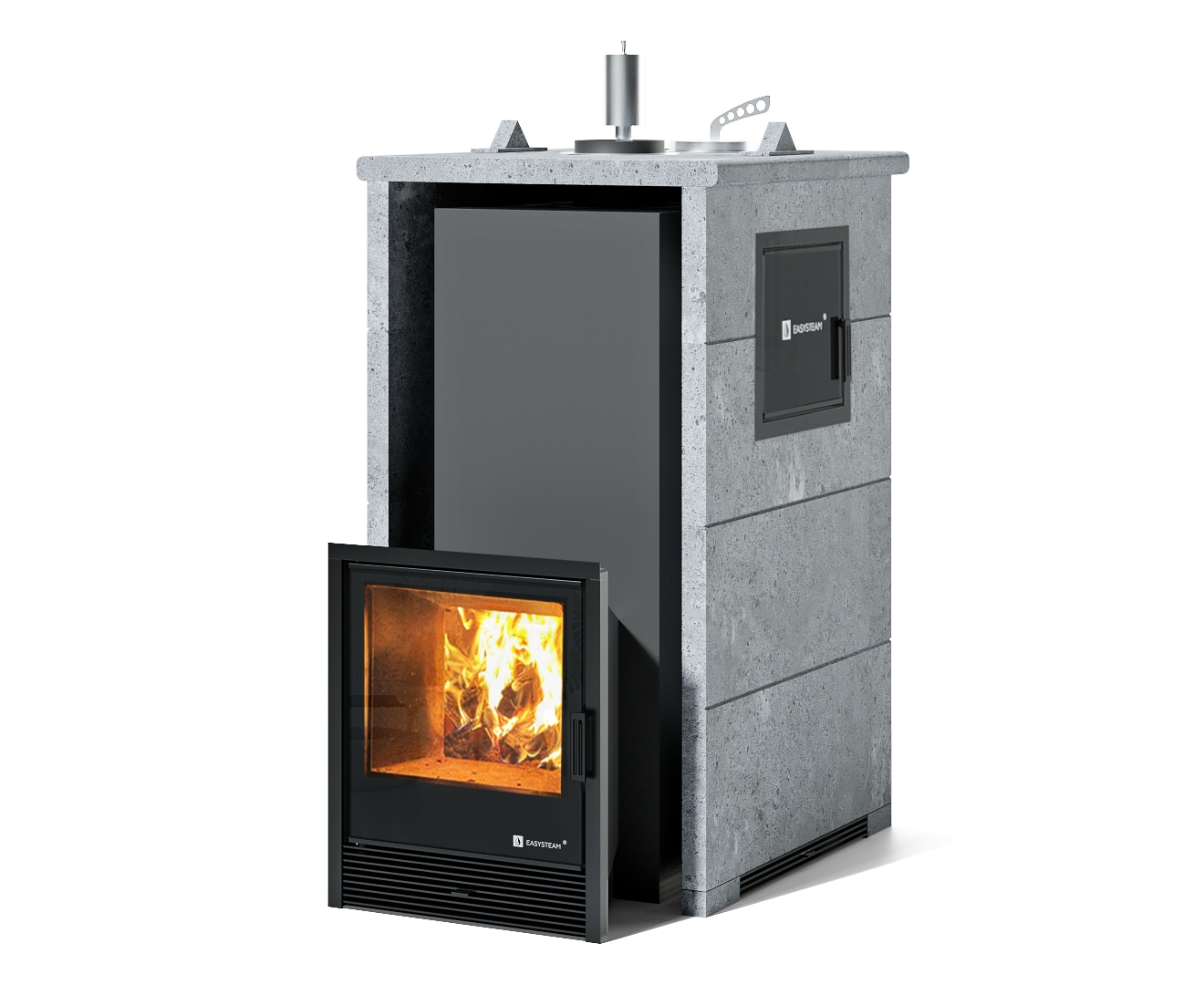 Печь Геленджик М2 в трехстороннем кожухе с закрытым верхом с боковым подключением - Вид топлива - Подготовка под ГГУ, Марка стали - AISI 430, Защита топки - Футеровка, Боковое подключение дымохода - Справа, Варианты кожуха - Талькохлорит, Исполнение дверки - Слева