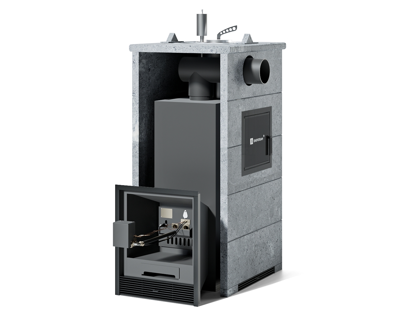 Печь Сочи М2 в трехстороннем кожухе с закрытым верхом с боковым подключением - Вид топлива - Газ, дрова Комплектация с ГГУ-40 электро, Варианты дверки - Слева, Варианты кожуха - Талькохлорит, Боковое подключение дымохода - Слева, Защита топки - Защ. экраны, Марка стали - AISI 321