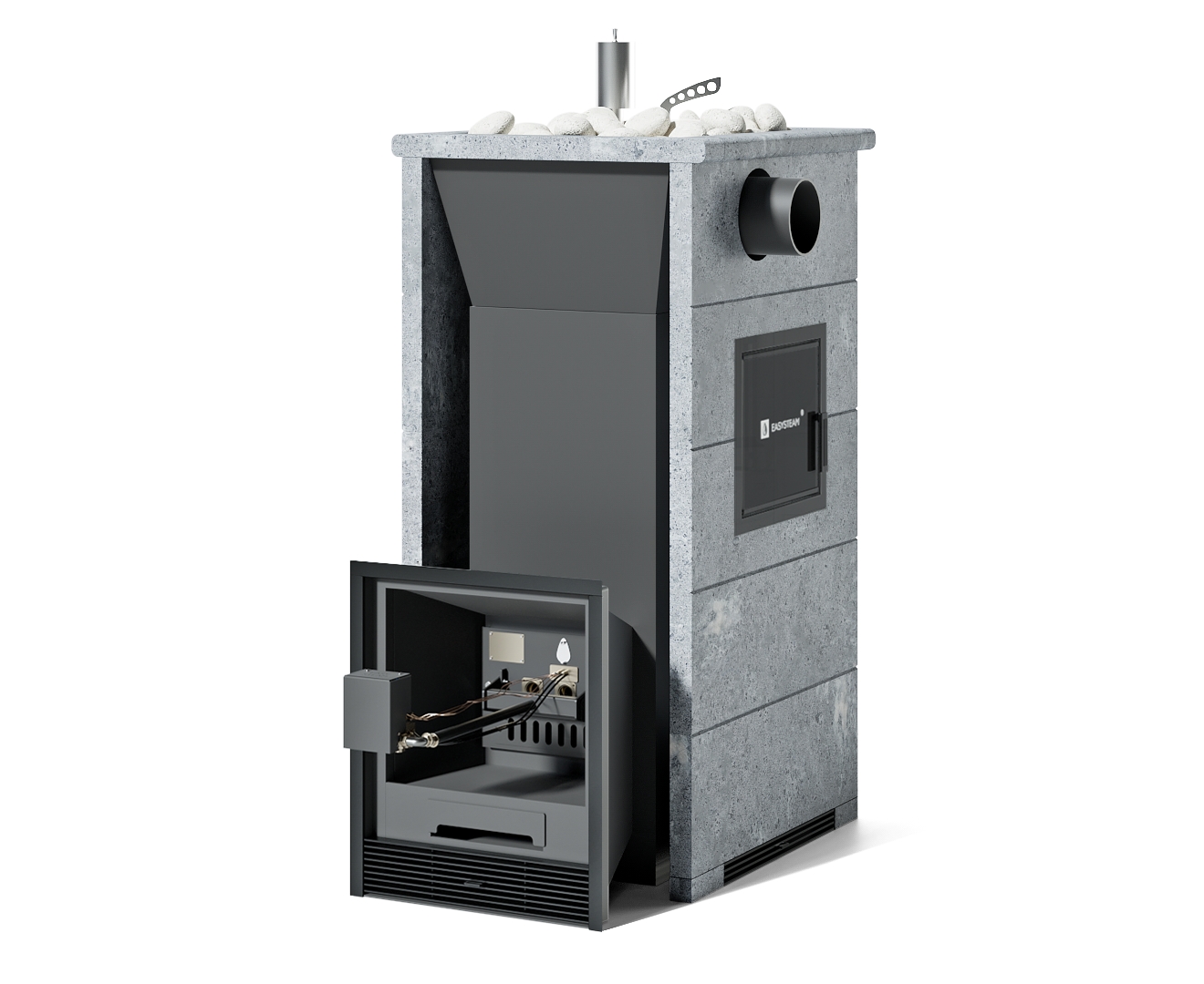 Печь Сочи М2 в трехстороннем кожухе с открытым верхом с боковым подключением - Вид топлива - Газ, дрова Комплектация с ГГУ-40 электро, Варианты дверки - С тыла, Варианты кожуха - Талькохлорит, Боковое подключение дымохода - Слева, Защита топки - Футеровка, Марка стали - AISI 321